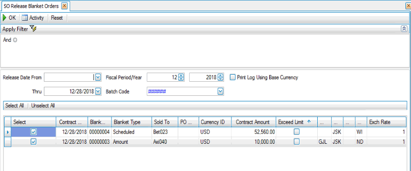 Screenshot of online blanket order release